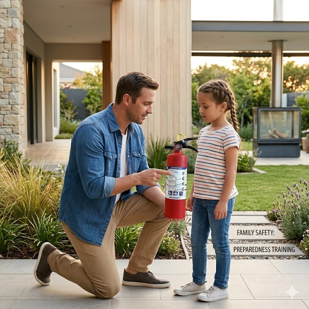 Person showing a red fire extinguisher to a child outside a home