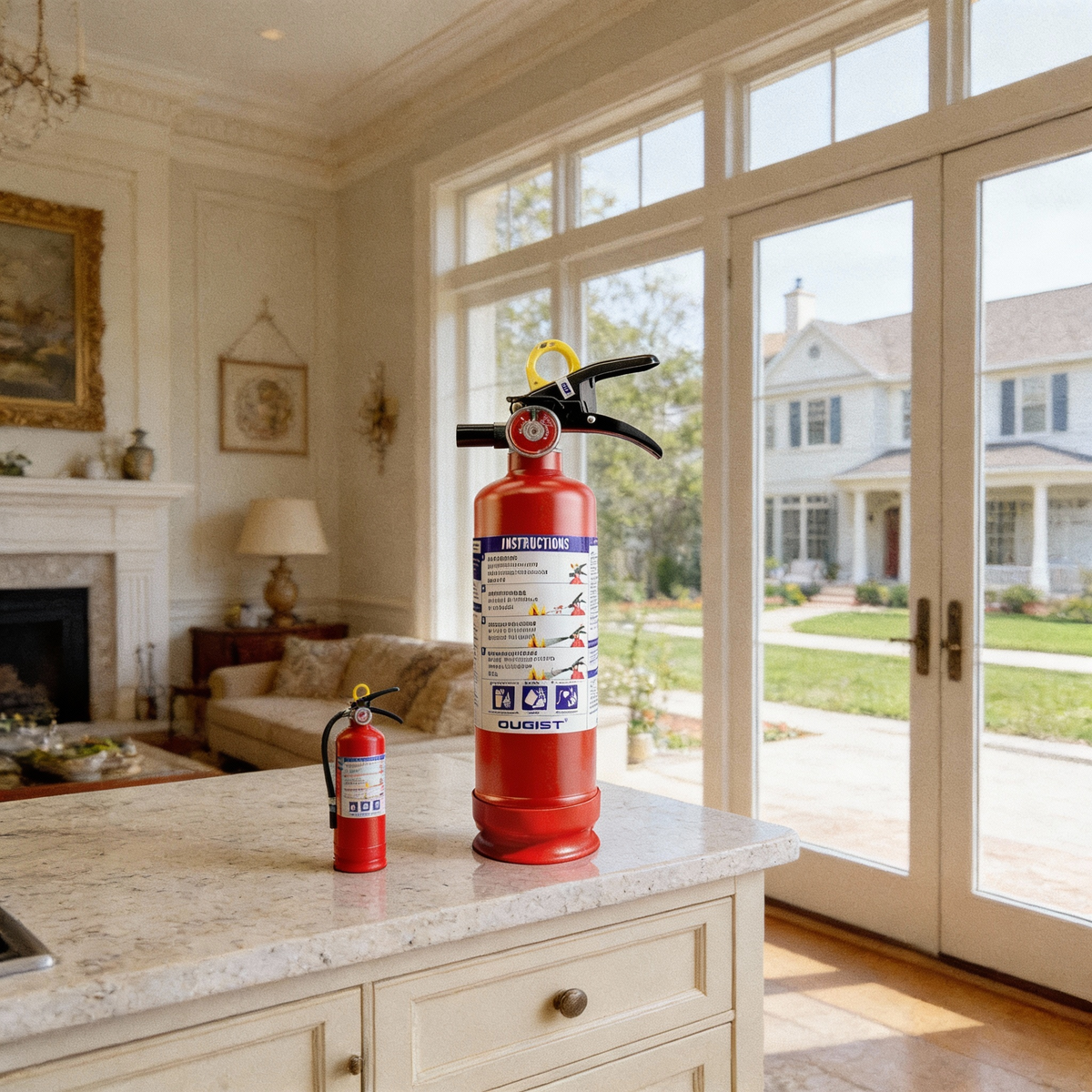 Two red fire extinguishers of different sizes on a kitchen island