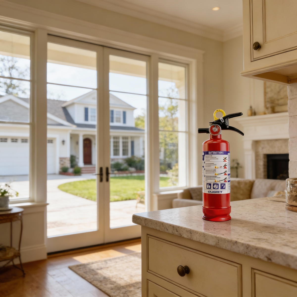 Red OUGIST fire extinguisher on a kitchen counter near a bright living area