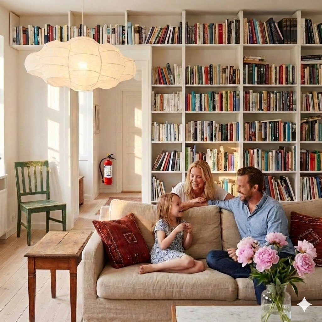 Three people seated on a sofa, including a child, with a red fire extinguisher mounted nearby
