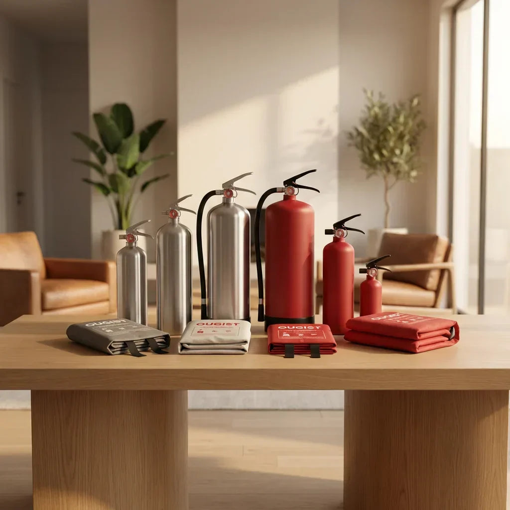 OUGIST fire extinguishers and folded safety pouches displayed across a table
