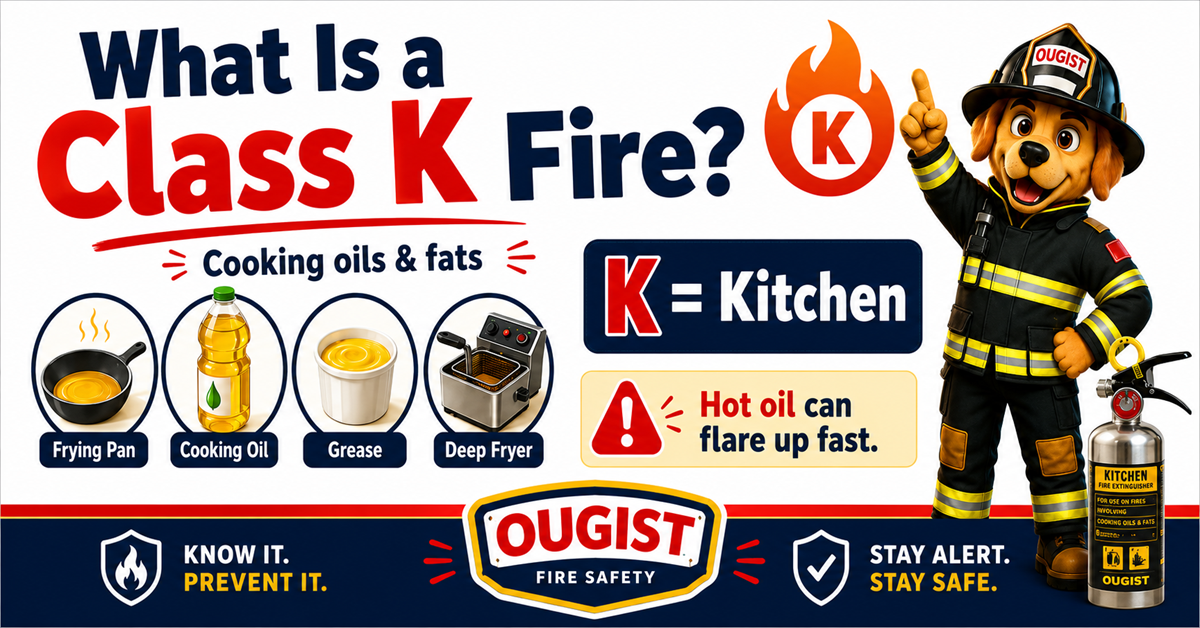 Kitchen grease fire infographic with cooking oil, frying pan, deep fryer, and firefighter dog mascot