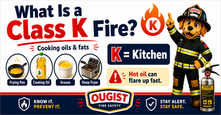 Kitchen grease fire infographic with cooking oil, frying pan, deep fryer, and firefighter dog mascot