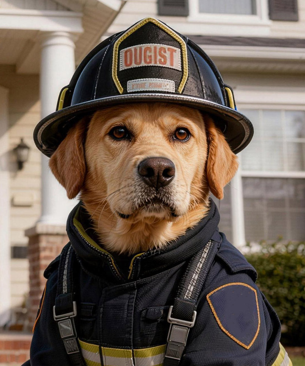 Dog dressed in firefighter gear in front of a house
