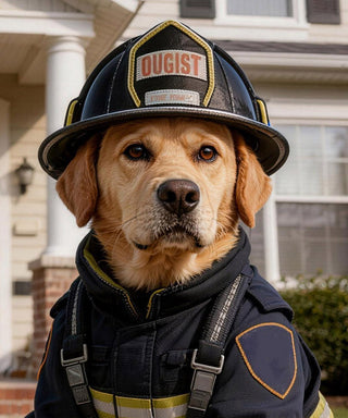 Dog dressed in firefighter gear in front of a house