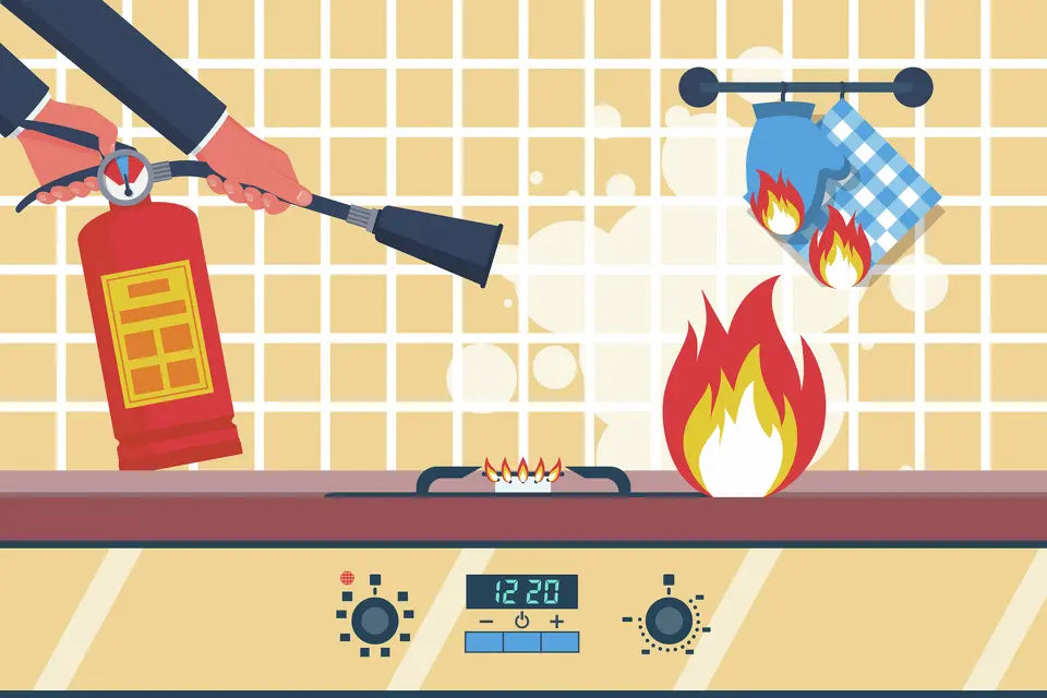 Illustration of an extinguisher aimed at burning cookware on a stovetop