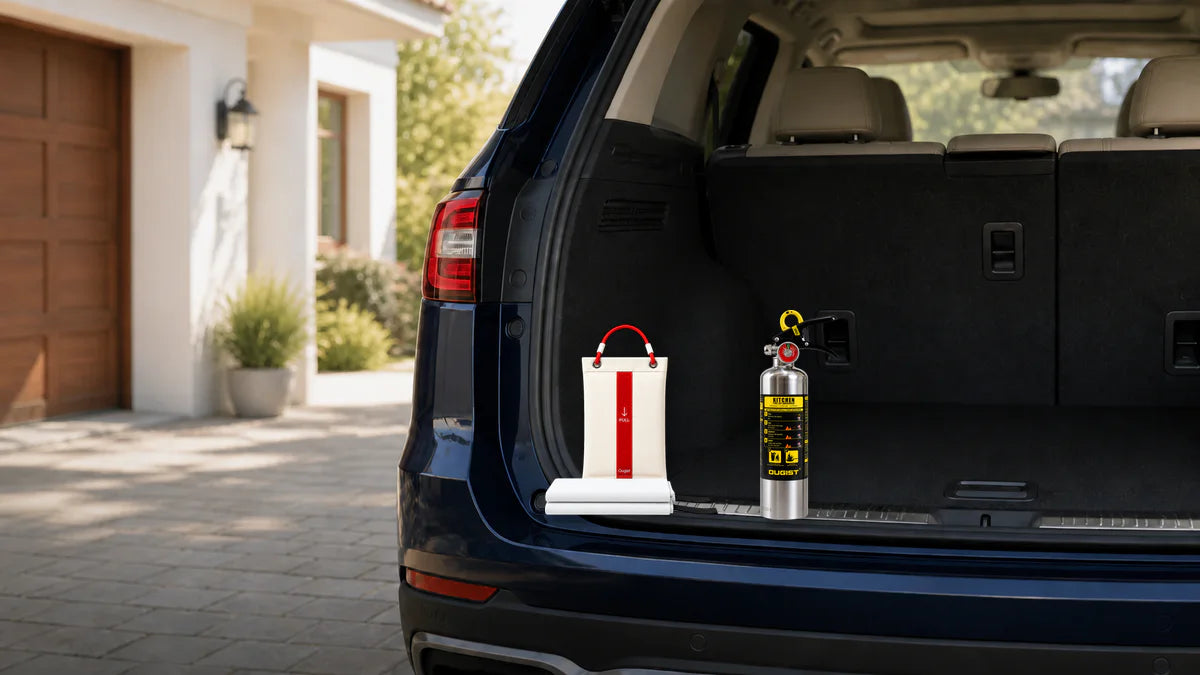 OUGIST Kitchen Shield Fire Extinguisher and Fire Blanket in a vehicle cargo area